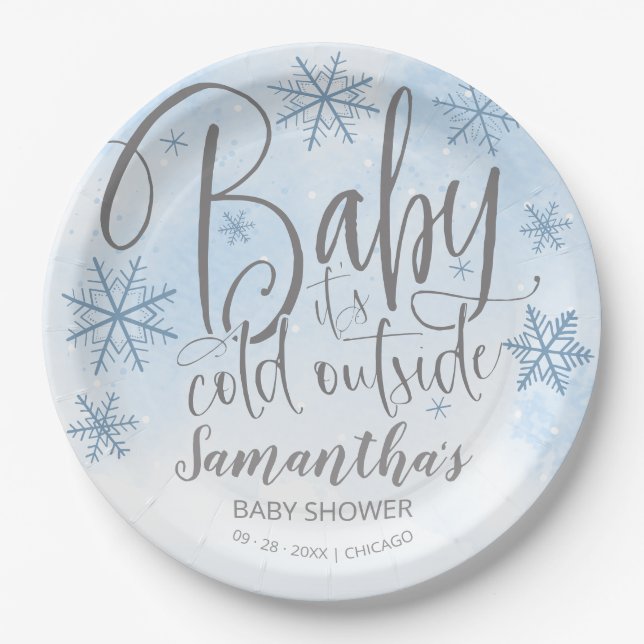 Snowflakes Baby It's Cold Outside Boy Baby Shower  Paper Plates (Front)