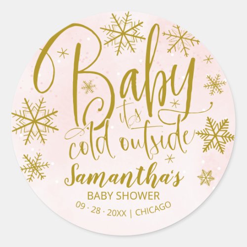 Snowflakes Baby Its Cold Outside Girl Baby Shower Classic Round Sticker