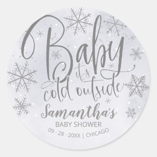 Snowflakes Baby Its Cold Outside Gray Baby Shower Classic Round Sticker