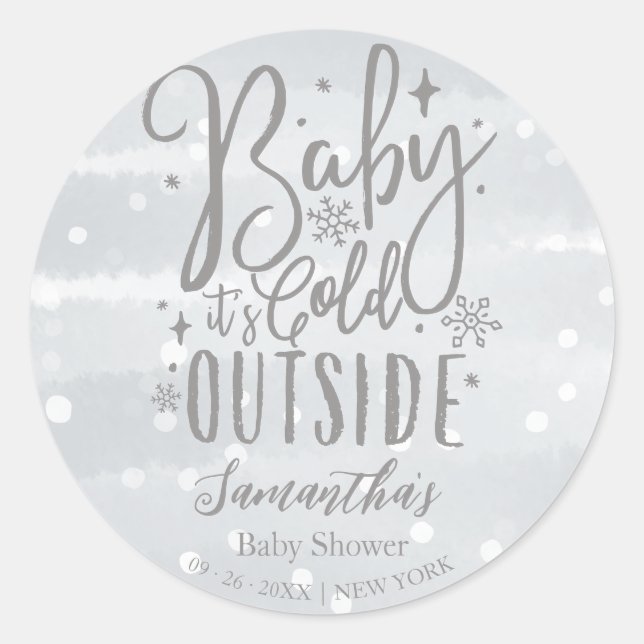 Snowflakes Baby It's Cold Outside Gray Baby Shower Classic Round Sticker (Front)