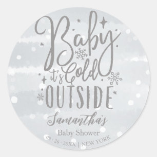 Snowflakes Baby It's Cold Outside Gray Baby Shower Classic Round Sticker
