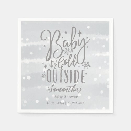 Snowflakes Baby Its Cold Outside Gray Baby Shower Napkins