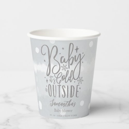 Snowflakes Baby Its Cold Outside Gray Baby Shower Paper Cups
