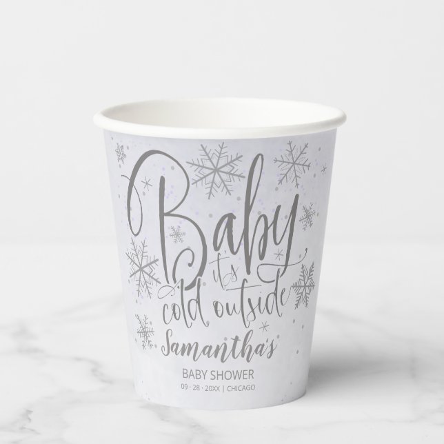 Snowflakes Baby It's Cold Outside Gray Baby Shower Paper Cups (Front)
