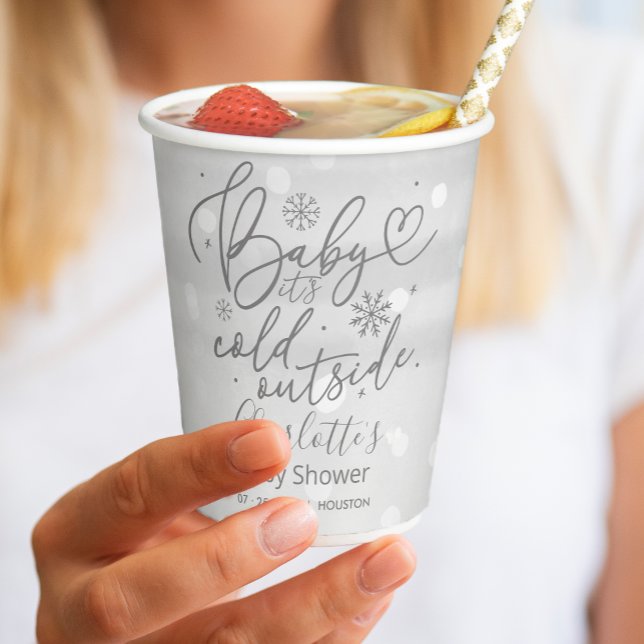 Snowflakes Baby It's Cold Outside Gray Baby Shower Paper Cups (Creator Uploaded)