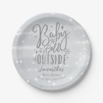 Snowflakes Baby It's Cold Outside Gray Baby Shower Paper Plates