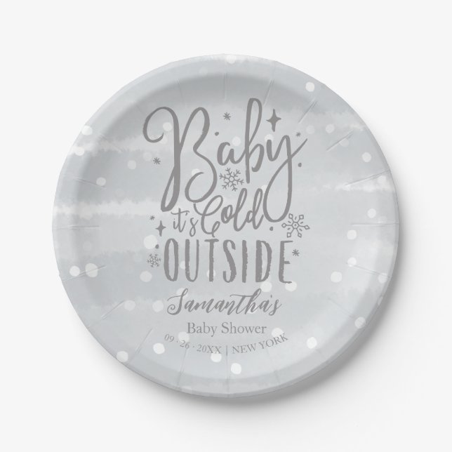 Snowflakes Baby It's Cold Outside Gray Baby Shower Paper Plates (Front)
