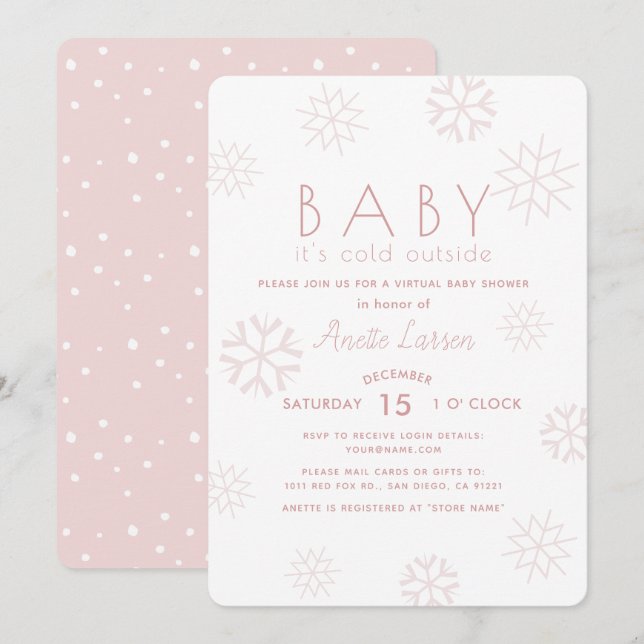 Snowflakes Baby Its Cold Pink Virtual Baby Shower Invitation (Front/Back)