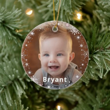 Snowflakes Baby Photo First Christmas Holiday Ceramic Ornament