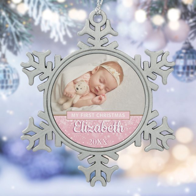Snowflakes Baby Photo First Christmas Script Snowflake Pewter Christmas Ornament (Snowflakes Baby Photo First Christmas Script Snowflake Pewter Christmas Ornament)