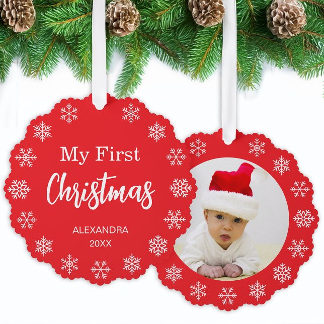 Snowflakes Baby Photo My First Christmas Red White Ornament Card (Creator Uploaded)