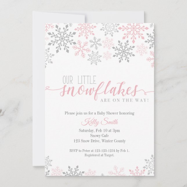 Snowflakes Baby Shower, Twin Girls, Winter, Twins Invitation (Front)