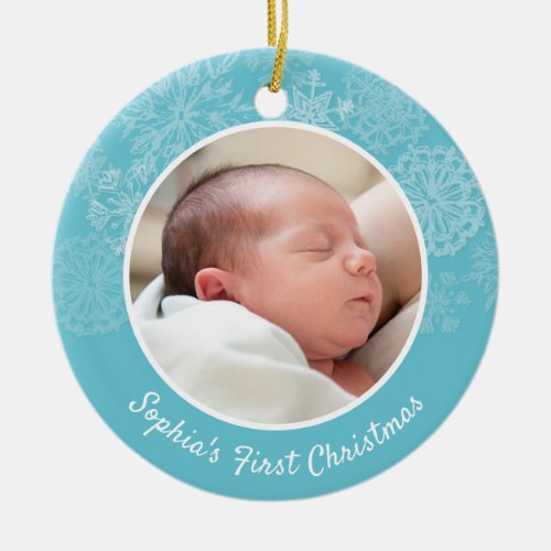Snowflakes Babys First Christmas Photo Ceramic Ornament