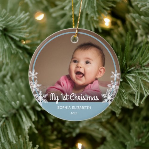 Snowflakes Babys First Christmas Photo Light Blue Ceramic Ornament