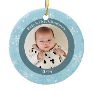 Snowflakes baby&#39;s first Christmas photo ornament