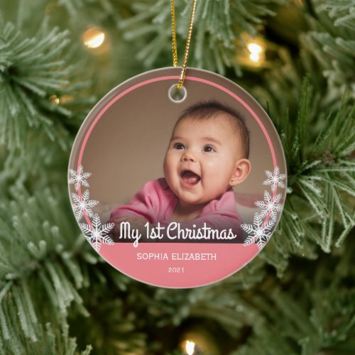 Snowflakes Babys First Christmas Photo Pink Ceramic Ornament