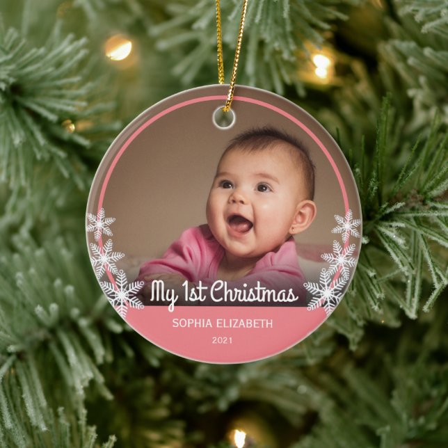 Snowflakes Baby's First Christmas Photo Pink Ceramic Ornament (Tree)