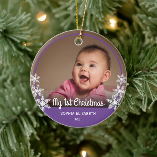 Snowflakes Babys First Christmas Photo Purple Ceramic Ornament