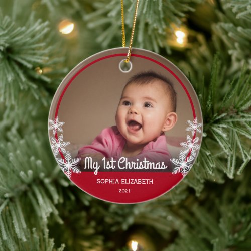 Snowflakes Babys First Christmas Photo Red Ceramic Ornament