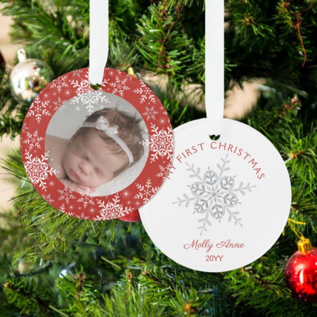 Snowflakes Baby's First Christmas Red Glitter Ornament (Creator Uploaded)