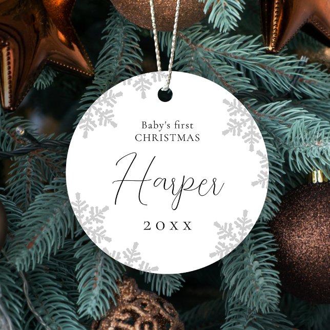 Snowflakes Baby's First Christmas Script Name Metal Ornament (Snowflakes Baby's First Christmas Script Name Metal Ornament)