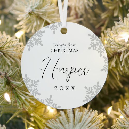 Snowflakes Babys First Christmas Script Name Metal Ornament