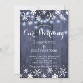 Snowflakes barn blue wood winter rustic wedding invitation (Front)