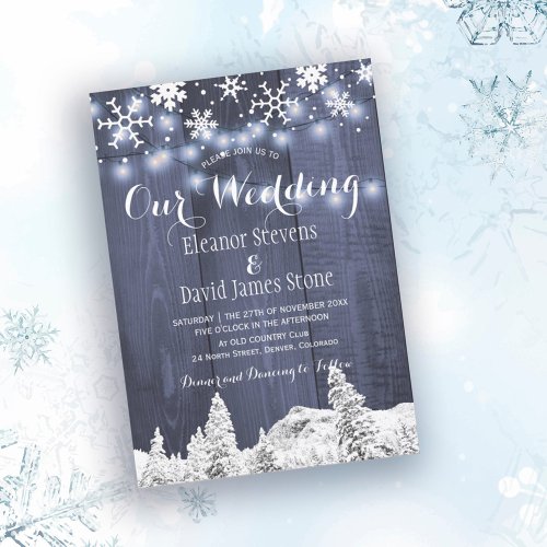 Snowflakes barn wood winter wonderland wedding invitation