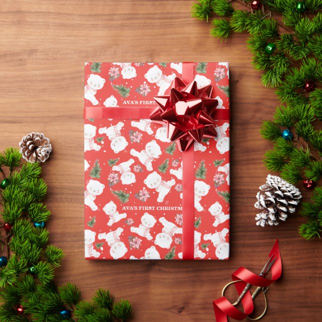 Snowflakes Bear Blueberries Poinsettia Evergreens Wrapping Paper (Holiday Gift)
