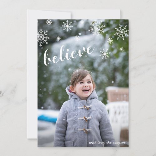 Snowflakes Believe Simple Cute Photo Christmas Holiday Card