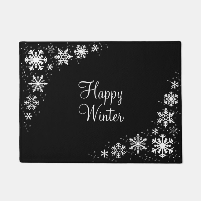 Snowflakes Black and White Happy Winter Doormat (Front)