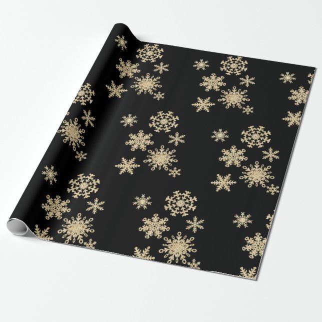 Snowflakes Black Gold Snowflake Winter Xmas Wrapping Paper (Unrolled)