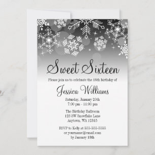 Snowflakes Black White Winter Wonderland Sweet 16 Invitation