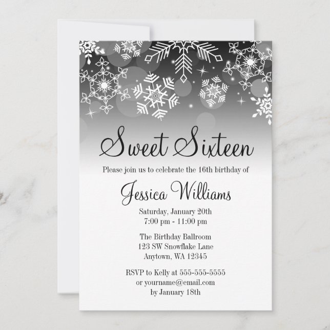 Snowflakes Black White Winter Wonderland Sweet 16 Invitation (Front)