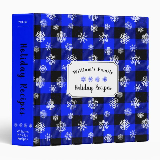 Snowflakes Blue Buffalo Plaid l Christmas Recipe 3 Ring Binder (Front/Spine)