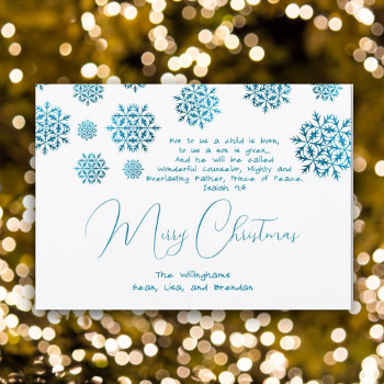 Snowflakes Blue Christian Christmas Scripture Card by holiday_store at Zazzle