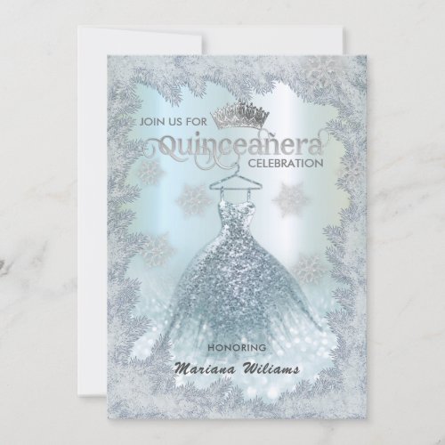 Snowflakes blue dress ombre tiara Quinceaera Invitation