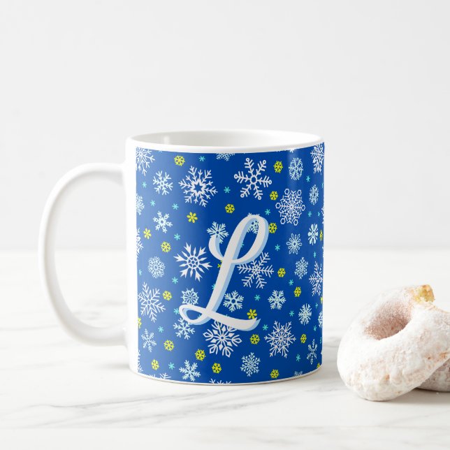 Snowflakes Blue Navy Blue Elegant Script Monogram Coffee Mug (With Donut)