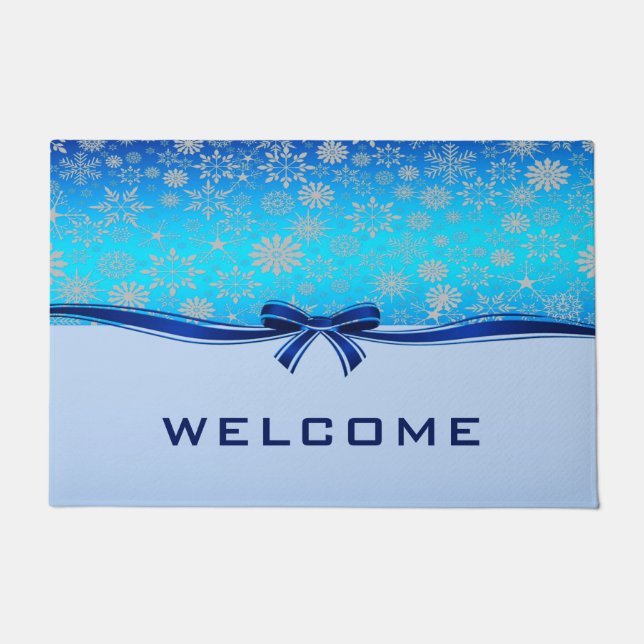 Snowflakes Blue Ribbon Holiday Doormat (Front)