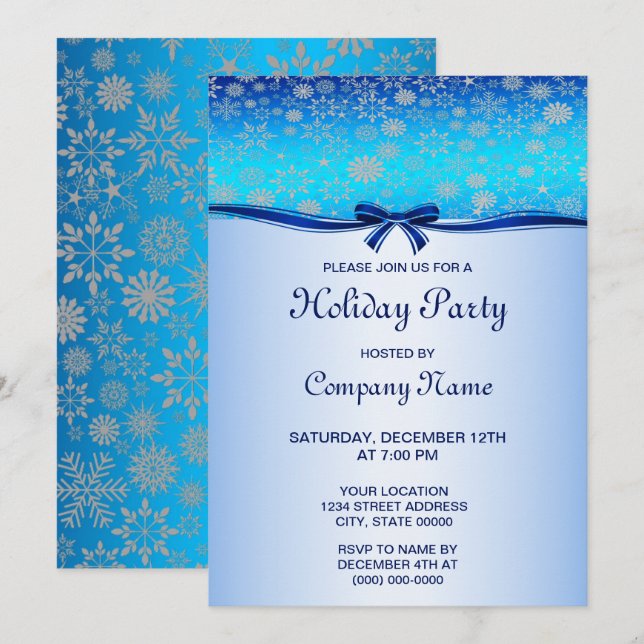 Snowflakes Blue Ribbon Holiday Invitation (Front/Back)