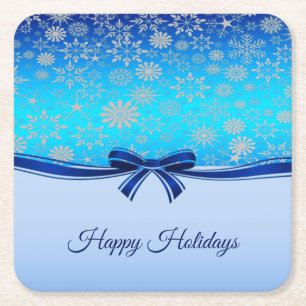 Snowflakes Blue Ribbon Holiday Paper Coaster