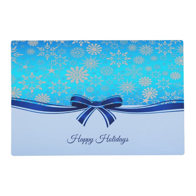 Snowflakes Blue Ribbon Holiday Paper Placemat (Front)