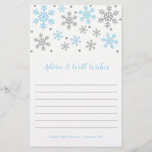 Snowflakes Blue & Silver Winter Baby Shower Advice (Front)