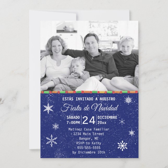 Snowflakes Blue Spanish Photo Christmas Party Invitation (Front)