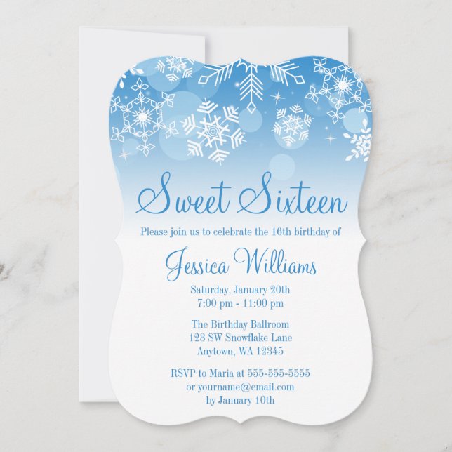 Snowflakes Blue White Winter Wonderland Sweet 16 Invitation (Front)
