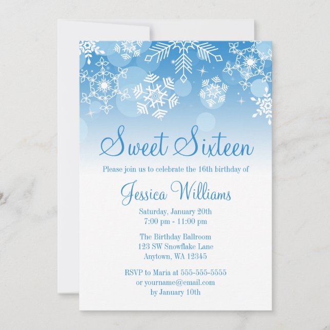Snowflakes Blue White Winter Wonderland Sweet 16 Invitation (Front)