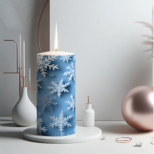 Snowflakes Blue Winter Pillar Candle