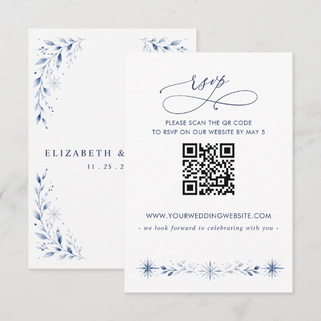 Snowflakes Blue Winter Wedding QR CODE RSVP Card (Front/Back)