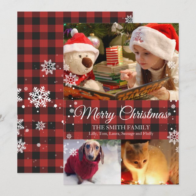 Snowflakes & Buffalo Plaid 3 Photo Christmas Card (Front/Back)