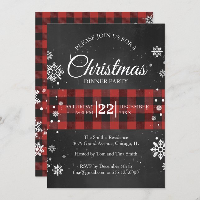 Snowflakes & Buffalo Plaid Christmas Party Invite (Front/Back)